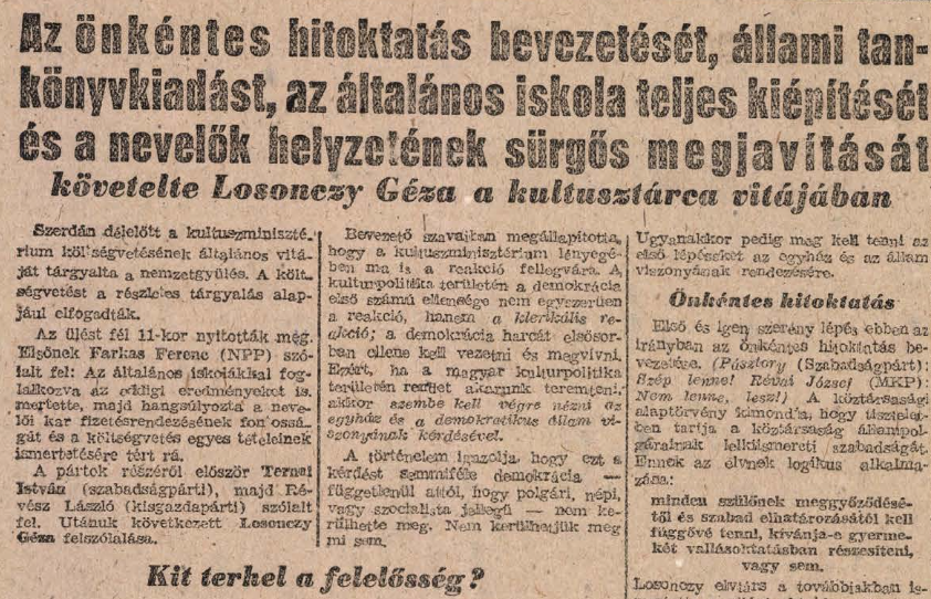 Losonczy Géza beszámolója a Szabad Népben
